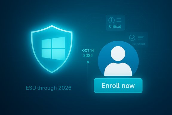 Neon Windows shield beside a user icon and an Enroll now button on a cybersecurity dashboard.