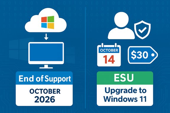 Windows end of support in October 2026, with ESU to Windows 11 for $30.
