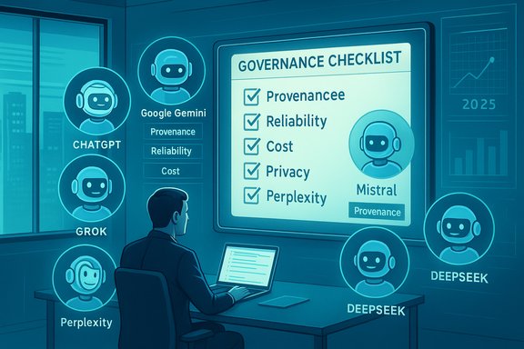 A professional reviews a governance checklist on a large screen, surrounded by AI avatars like ChatGPT and Gemini.