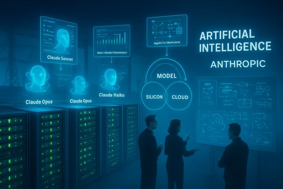 Three people discuss a blue holographic AI wall showing model, silicon, and cloud diagrams.