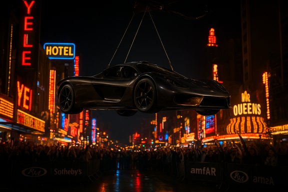 A sleek black supercar is hoisted over a neon-lit city street at night.