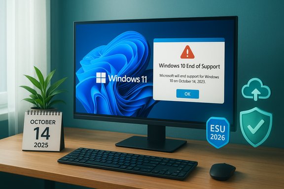 A Windows 11 desktop shows a Windows 10 End of Support alert on the monitor.