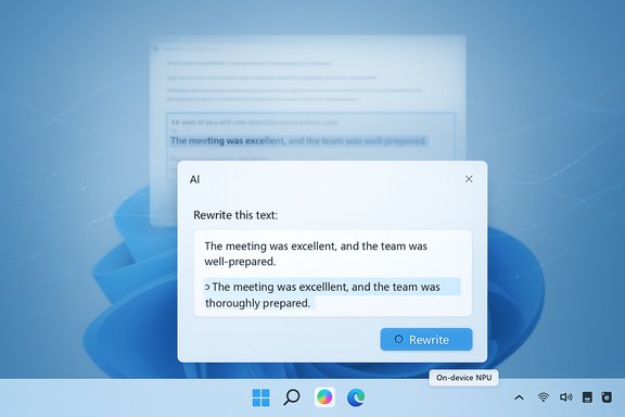 AI rewrite prompt on a Windows desktop, paraphrasing a meeting note.