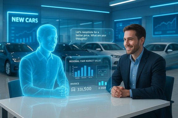 A man in a suit chats with a blue holographic AI assistant at a car dealership.