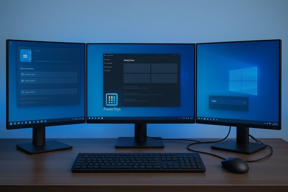 Triple-monitor computer setup on a wooden desk with keyboard and mouse, displaying Windows UI.