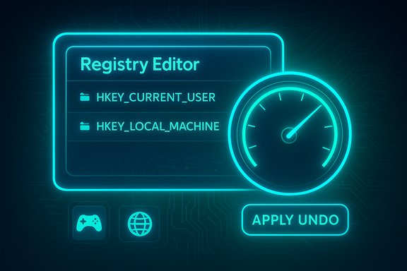 Neon-blue futuristic Registry Editor UI displaying HKEY_CURRENT_USER and HKEY_LOCAL_MACHINE with a gauge and Apply Undo. Neon-blue futuristic Registry Editor UI displaying HKEY_CURRENT_USER and HKEY_LOCAL_MACHINE with a gauge and Apply Undo.