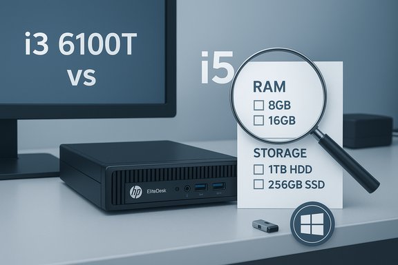 Tech desk: i3 vs i5, RAM and storage options highlighted under a magnifying glass.