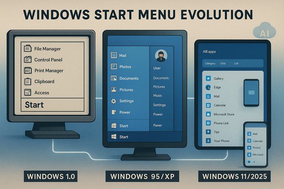 Infographic showing the evolution of Windows Start Menu from 1.0 to 11/2025.