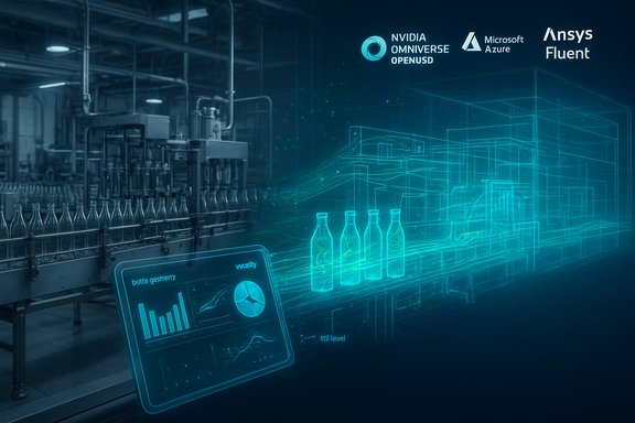 A bottling line with holographic digital-twin visuals and futuristic blue glow.