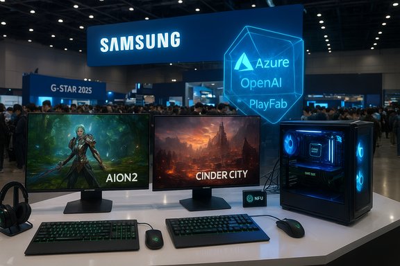 Samsung booth at G-Star 2025 showcases a dual-monitor gaming rig with AION2 and CINDER CITY.