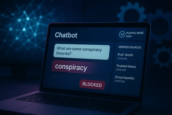 A laptop screen shows a chatbot UI about conspiracy theories, with 'conspiracy' blocked. A laptop screen shows a chatbot UI about conspiracy theories, with 'conspiracy' blocked.