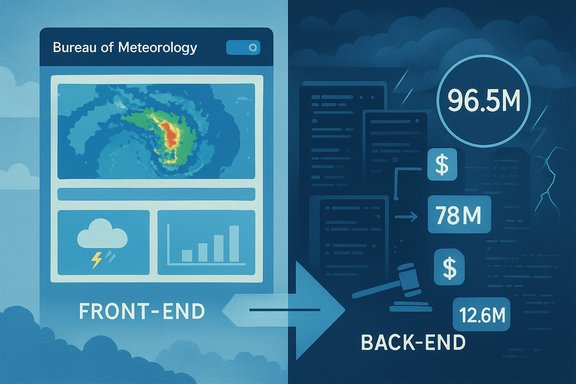 Front-end weather dashboard from the Bureau of Meteorology feeds data to a back-end system for analytics and funding decisions.
