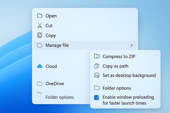 Mac-style file manager context menu with Open, Cut, Copy and a nested Compress to ZIP option. Mac-style file manager context menu with Open, Cut, Copy and a nested Compress to ZIP option.