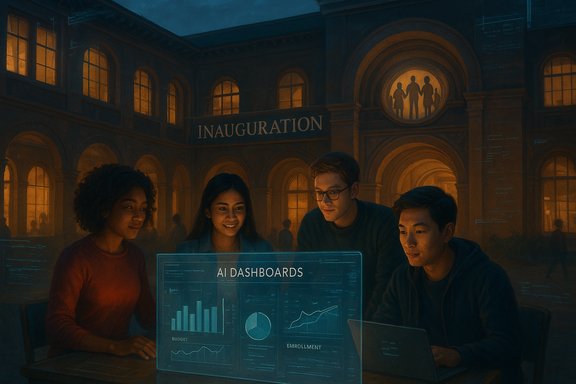 Diverse students gather around a glowing AI dashboard under an inauguration banner.