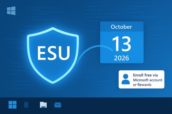 Blue Windows-themed screen featuring an ESU shield and an October 13, 2026 calendar reminder.
