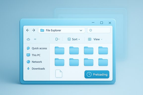 Blue 3D file explorer window with multiple folders and a Preloading button. Blue 3D file explorer window with multiple folders and a Preloading button.