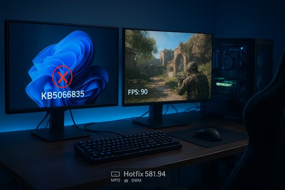 Dual-monitor gaming setup: left shows a KB5066835 error; right shows a shooter at 90 FPS.
