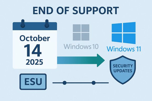 Windows 10 ends support on Oct 14, 2025, with ESU security updates as users move to Windows 11.