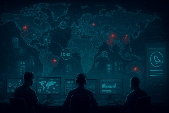 Three analysts in a dark control room monitor a global map with DNS nodes and red hotspots.