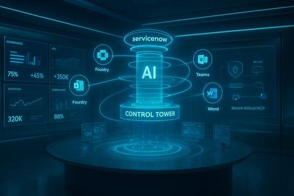 A neon blue holographic AI Control Tower, linking apps like Teams and Word in a ServiceNow scene.