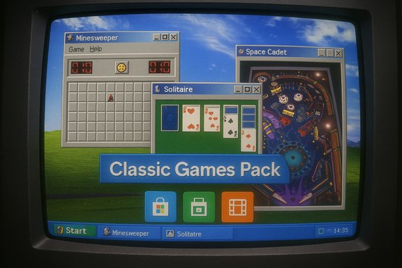 Retro Windows desktop featuring classic games like Minesweeper and Solitaire.