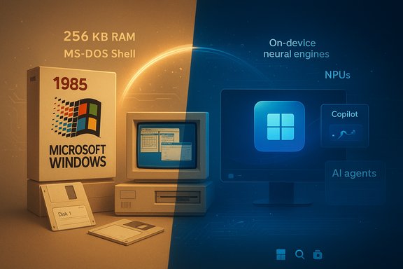 Split scene: 1985 MS-DOS Windows hardware on the left, modern AI UI with NPUs on the right.
