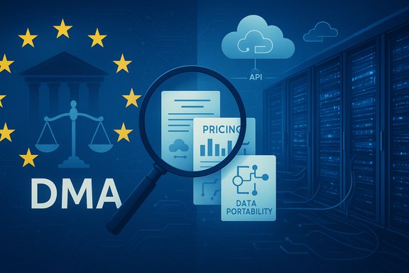 EU DMA governs data portability, pricing transparency, and API access for cloud services. EU DMA governs data portability, pricing transparency, and API access for cloud services.
