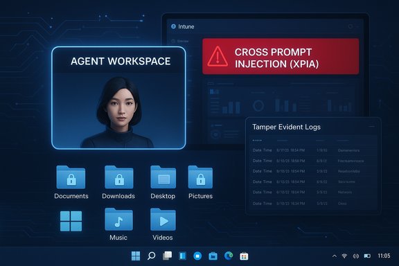 A futuristic agent workspace featuring a female avatar, security alerts, and blue folder icons. A futuristic agent workspace featuring a female avatar, security alerts, and blue folder icons.