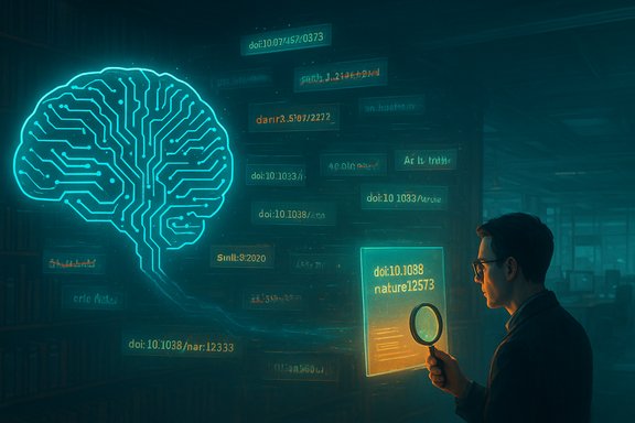 A researcher analyzes a glowing holographic brain with floating DOIs in a high-tech library.