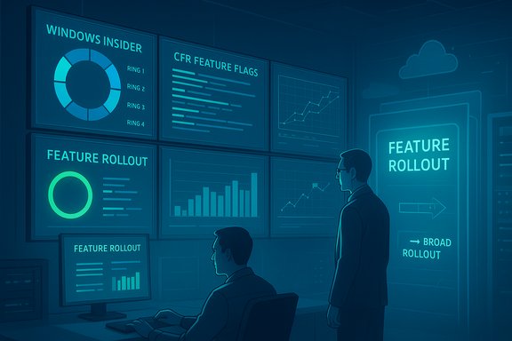 Two analysts monitor dashboards on feature flags and rollouts in a high-tech control room.