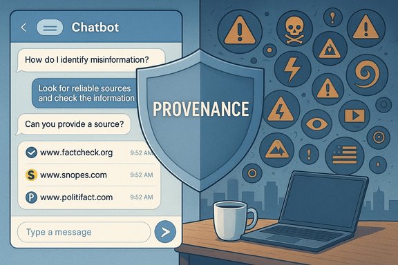 Chatbot dialogue about identifying misinformation, with a provenance shield and fact-check links.
