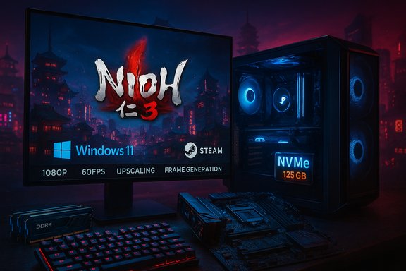 Neon-lit gaming setup: Windows 11 PC running Nioh on a blue-lit monitor. Neon-lit gaming setup: Windows 11 PC running Nioh on a blue-lit monitor.