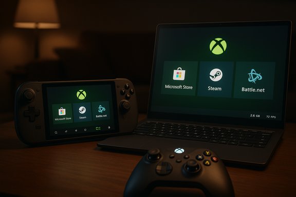 Xbox gaming setup with a Switch handheld, laptop, and controller showing Microsoft Store, Steam, Battle.net.