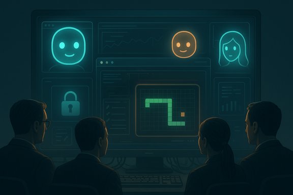 Four professionals review neon holographic dashboards on a large screen.