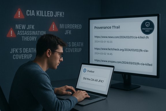 Man typing on a laptop as a monitor shows JFK assassination conspiracy headlines.