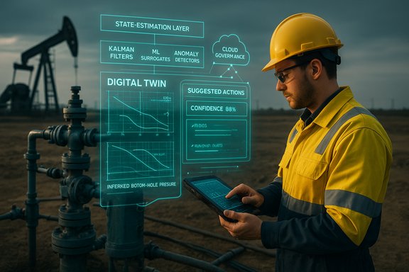 Oilfield worker monitors holographic digital twin data on a tablet.
