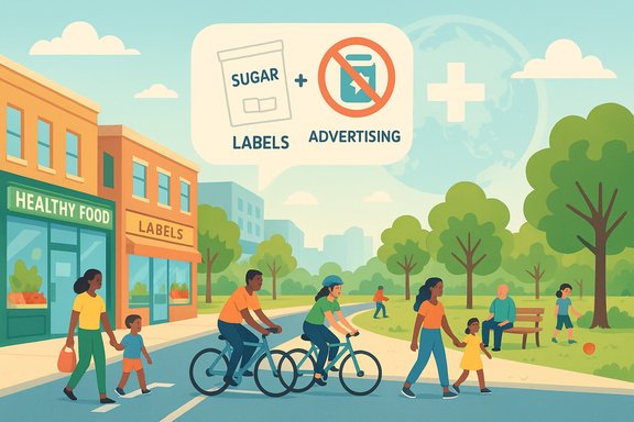 Sunny urban scene promoting sugar labels and advertising bans as pedestrians and cyclists pass by.