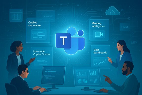 A team collaborates around a central Teams Copilot hub featuring summaries, dashboards, and data insights.