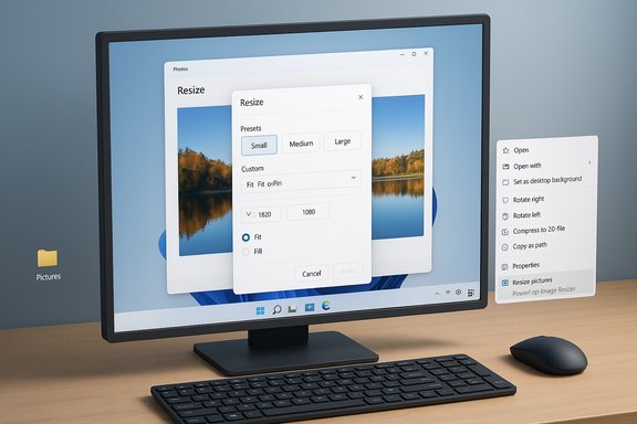 A desktop monitor on a wooden desk displays a resize dialog over a Windows wallpaper.