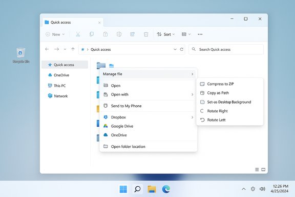 Windows-style File Explorer on a blue desktop, showing a multi-level “Manage file” menu.