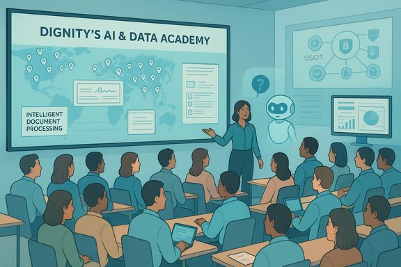 An instructor leads a classroom at Dignity's AI & Data Academy, presenting maps and charts. An instructor leads a classroom at Dignity's AI & Data Academy, presenting maps and charts.