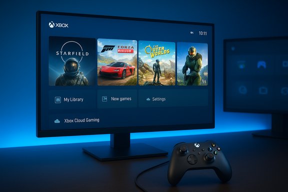 Xbox home screen with game tiles (Starfield, Forza, The Outer Worlds) and a controller on the desk.