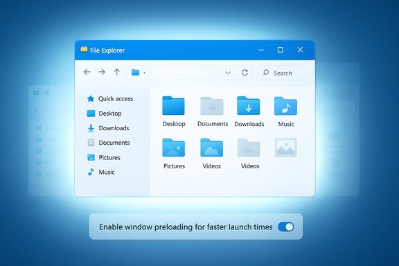 A Windows File Explorer window floats over a blue gradient with a toggle to enable window preloading. A Windows File Explorer window floats over a blue gradient with a toggle to enable window preloading.