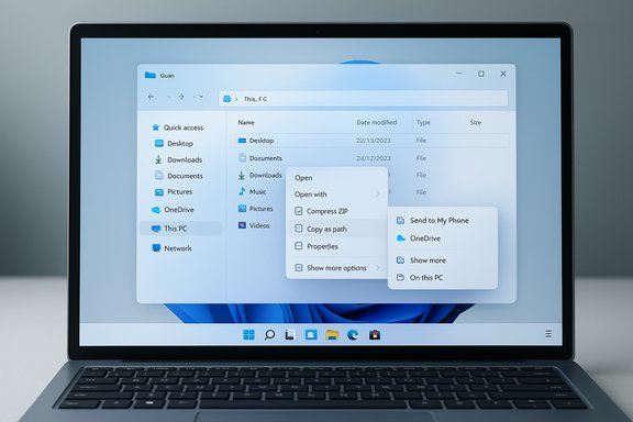 Windows-style file explorer with open context menus on a laptop screen. Windows-style file explorer with open context menus on a laptop screen.