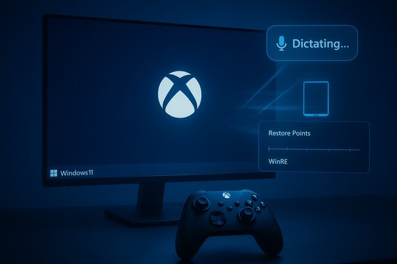 Windows 11 desktop with an Xbox logo and blue holographic UI, showing dictation and a controller. Windows 11 desktop with an Xbox logo and blue holographic UI, showing dictation and a controller.
