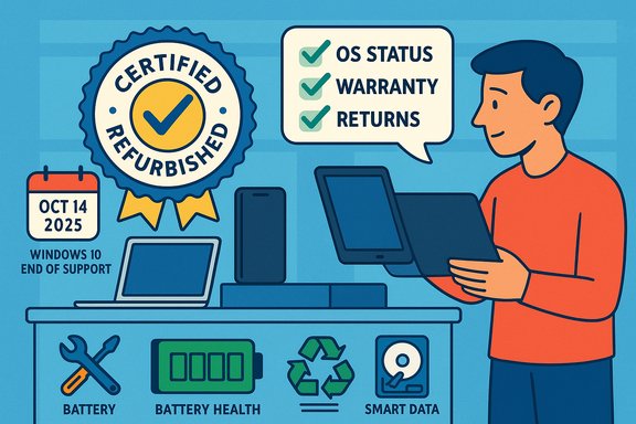 A person reviews certified refurbished tech, checking OS status, warranty, and returns.