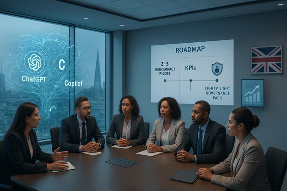 Six professionals sit around a conference table, discussing a roadmap and AI copilots.