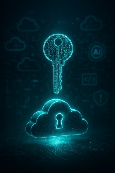 Glowing digital key poised above a neon cloud lock, symbolizing cloud security.