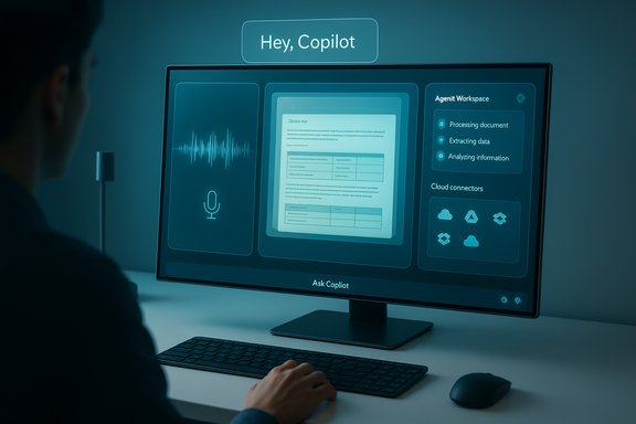 A person uses a futuristic dashboard displayed on a monitor labeled 'Hey, Copilot'.