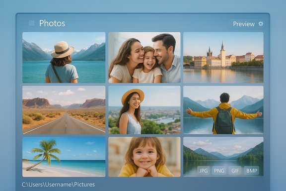 A blue photo gallery UI showing a 3x3 grid of travel and family pictures.